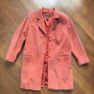 Vintage Womens Y2K Orange Genuine Leather Suede Button Trench Coat Jacket Boho
